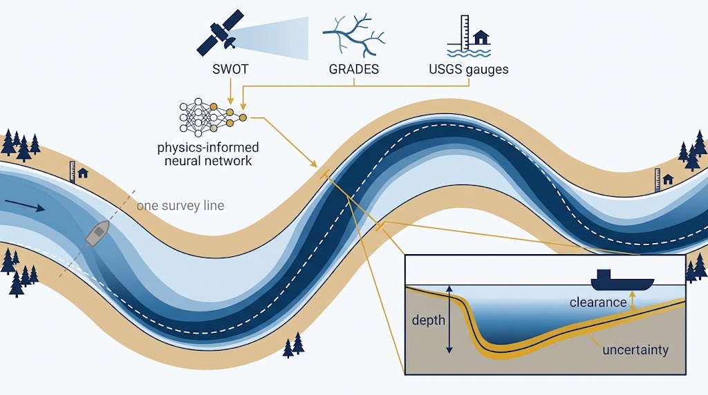 SWOT surface elevation, GRADES discharge, and USGS gauge records feeding a physics-informed neural network that maps channel depth along a whole river reach, with a cross-section showing depth, barge clearance, and the uncertainty band along the bed
