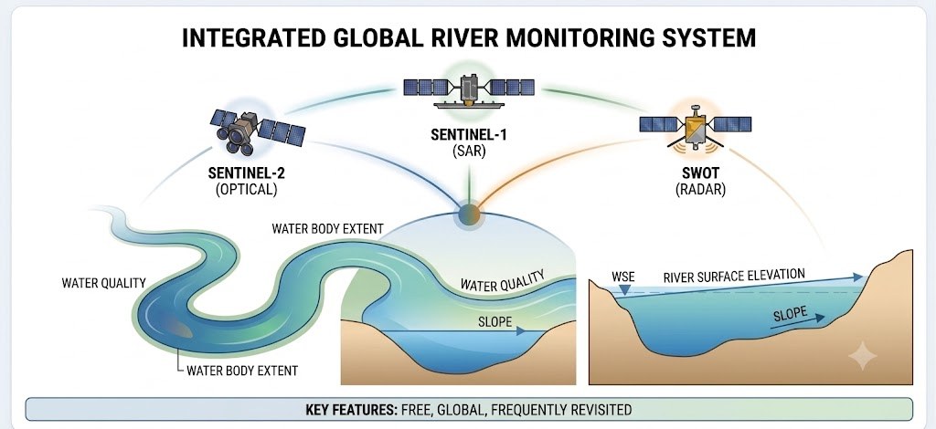 Sentinel-2 optical, Sentinel-1 SAR, and SWOT radar observing water extent, quality, and surface elevation