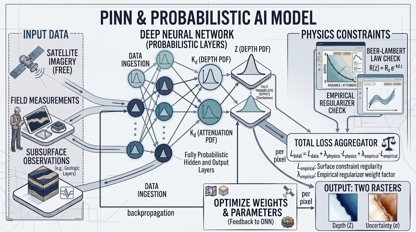 Physics-informed neural network training loop: inputs, depth and attenuation predictor, physics constraints, total loss, optimization