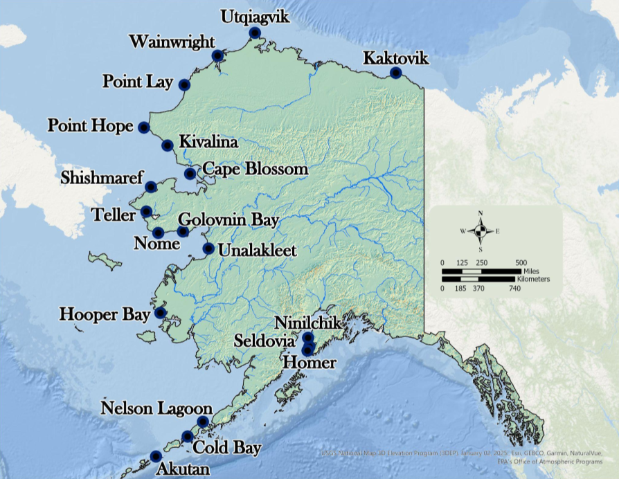 Map of Alaska showing 19 validated coastal sites from Akutan to Kaktovik